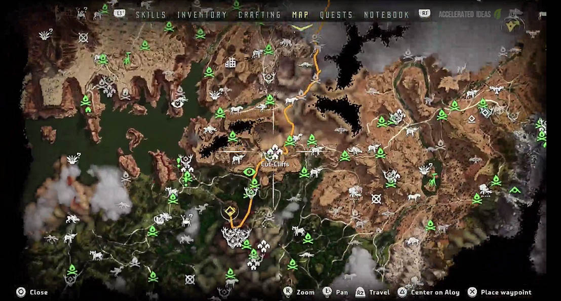 The difference is almost all of those icons signify fighting huge robotic animals. (image downloaded from:http://www.accelerated-ideas.com/horizonzerodawn/complete-world-map-machine-sites-campfires-merchants.aspx